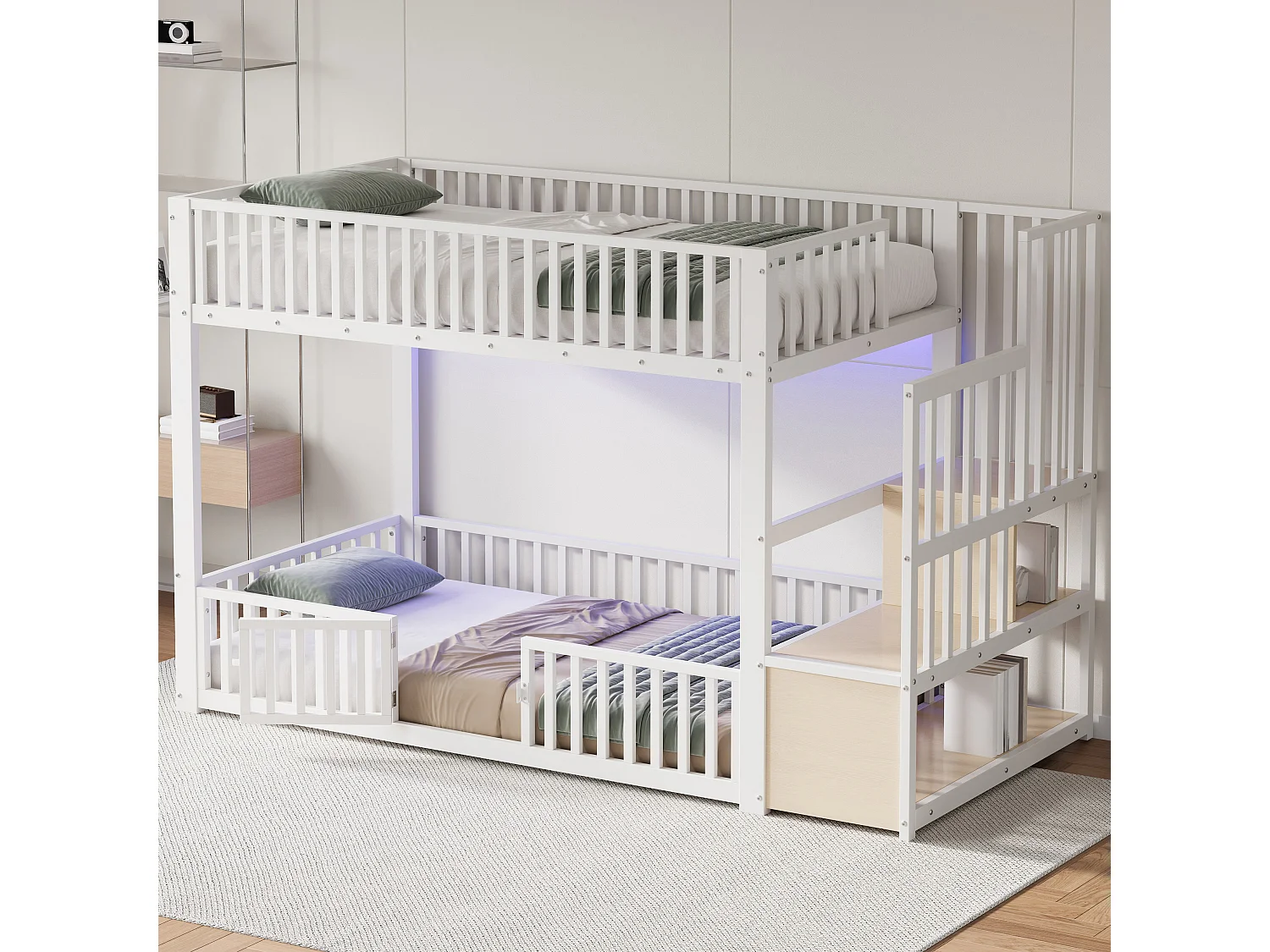 Łóżko piętrowe metalowe 90x200 cm - z drabiną z pojemnikami - barierka bezpieczeństwa - MDF - Biały​ (Materac nie jest wliczony w cenę)