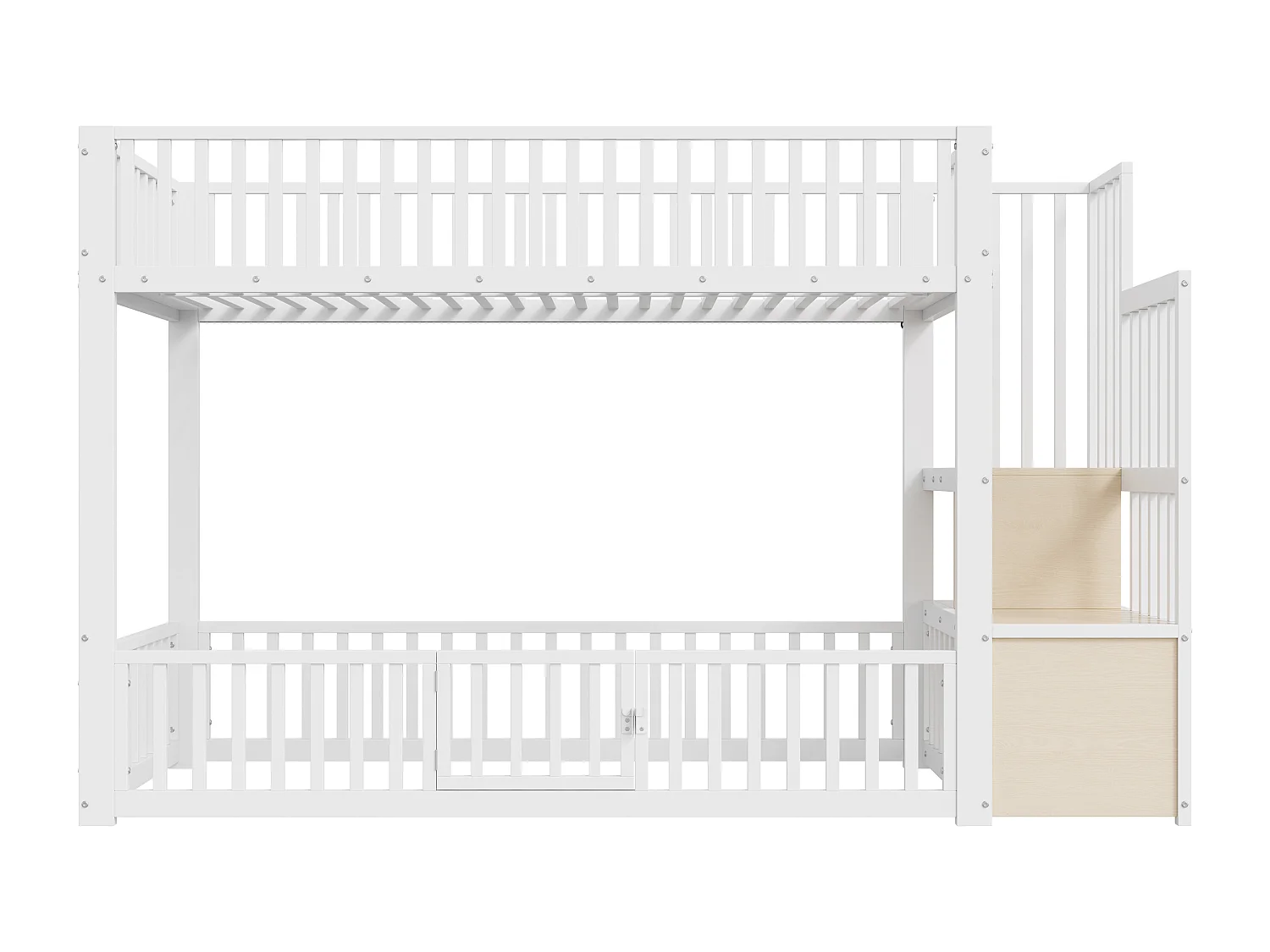 Łóżko piętrowe metalowe 90x200 cm - z drabiną z pojemnikami - barierka bezpieczeństwa - MDF - Biały​ (Materac nie jest wliczony w cenę)