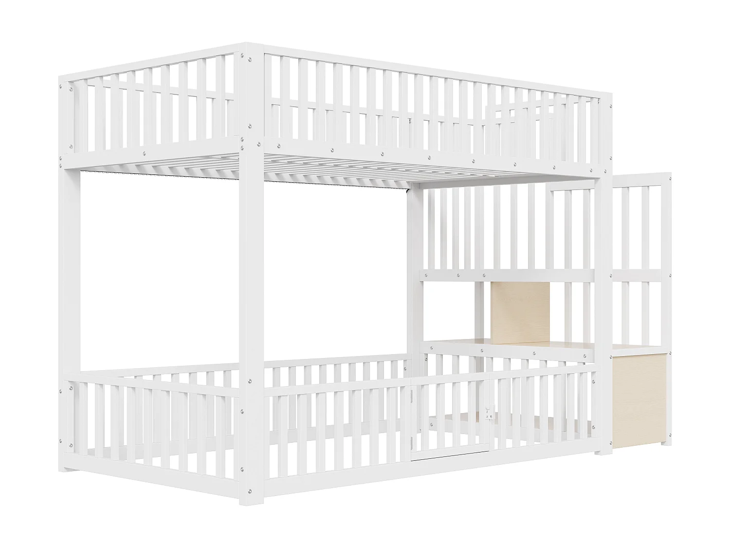 Łóżko piętrowe metalowe 90x200 cm - z drabiną z pojemnikami - barierka bezpieczeństwa - MDF - Biały​ (Materac nie jest wliczony w cenę)