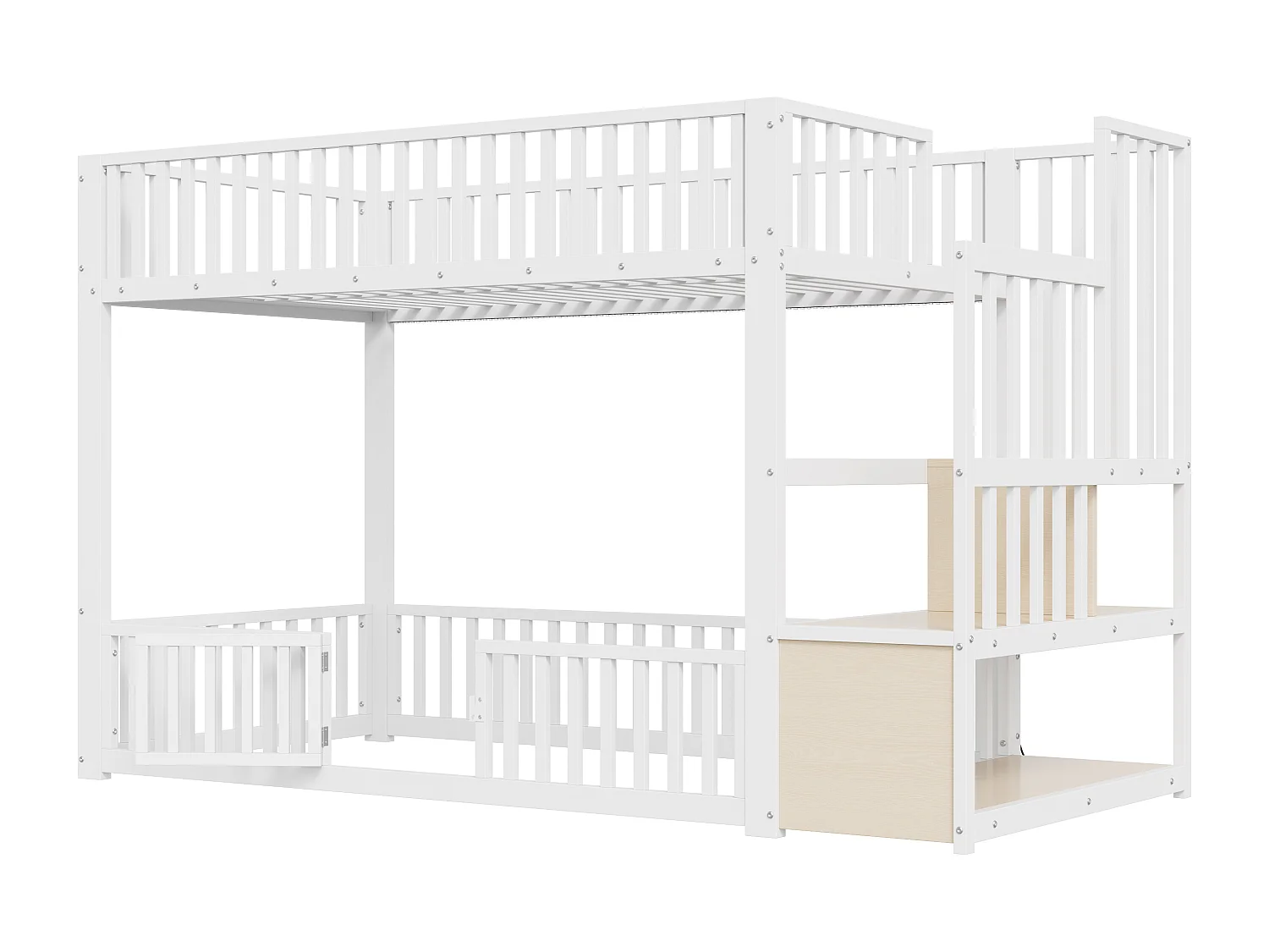 Łóżko piętrowe metalowe 90x200 cm - z drabiną z pojemnikami - barierka bezpieczeństwa - MDF - Biały​ (Materac nie jest wliczony w cenę)