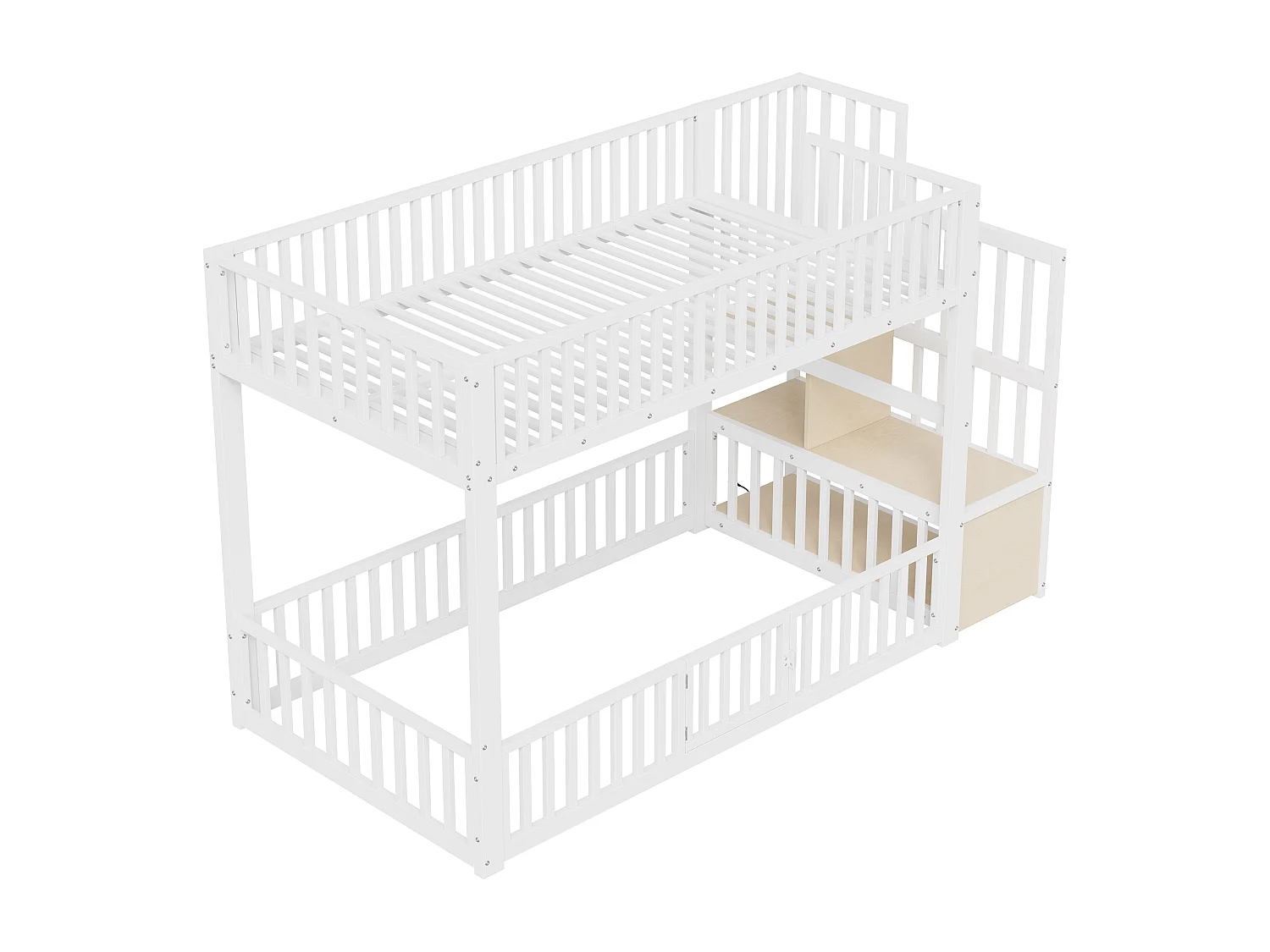 Łóżko piętrowe metalowe 90x200 cm - z drabiną z pojemnikami - barierka bezpieczeństwa - MDF - Biały​ (Materac nie jest wliczony w cenę)