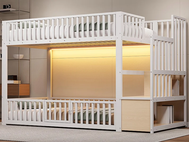 Łóżko piętrowe metalowe 90x200 cm - z drabiną z pojemnikami - barierka bezpieczeństwa - MDF - Biały​ (Materac nie jest wliczony w cenę)