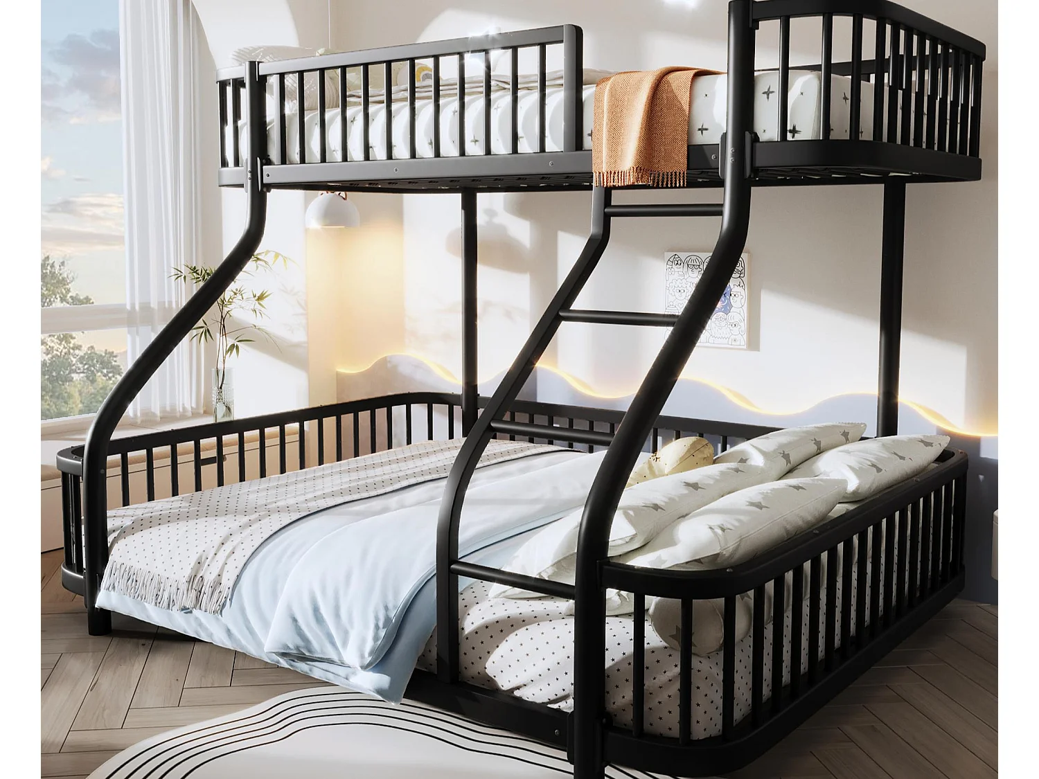 Łóżko piętrowe 90x200 cm + 140x200 cm - konstrukcja żelazna - z barierkami bezpieczeństwa - z drabiną - Czarny​ (materac nie jest wliczony w cenę)