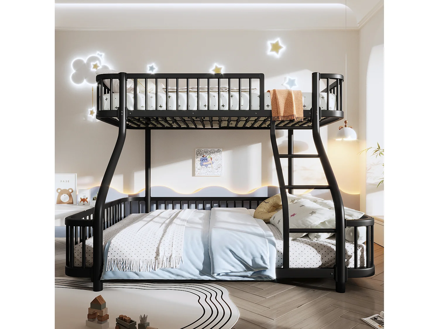 Łóżko piętrowe 90x200 cm + 140x200 cm - konstrukcja żelazna - z barierkami bezpieczeństwa - z drabiną - Czarny​ (materac nie jest wliczony w cenę)