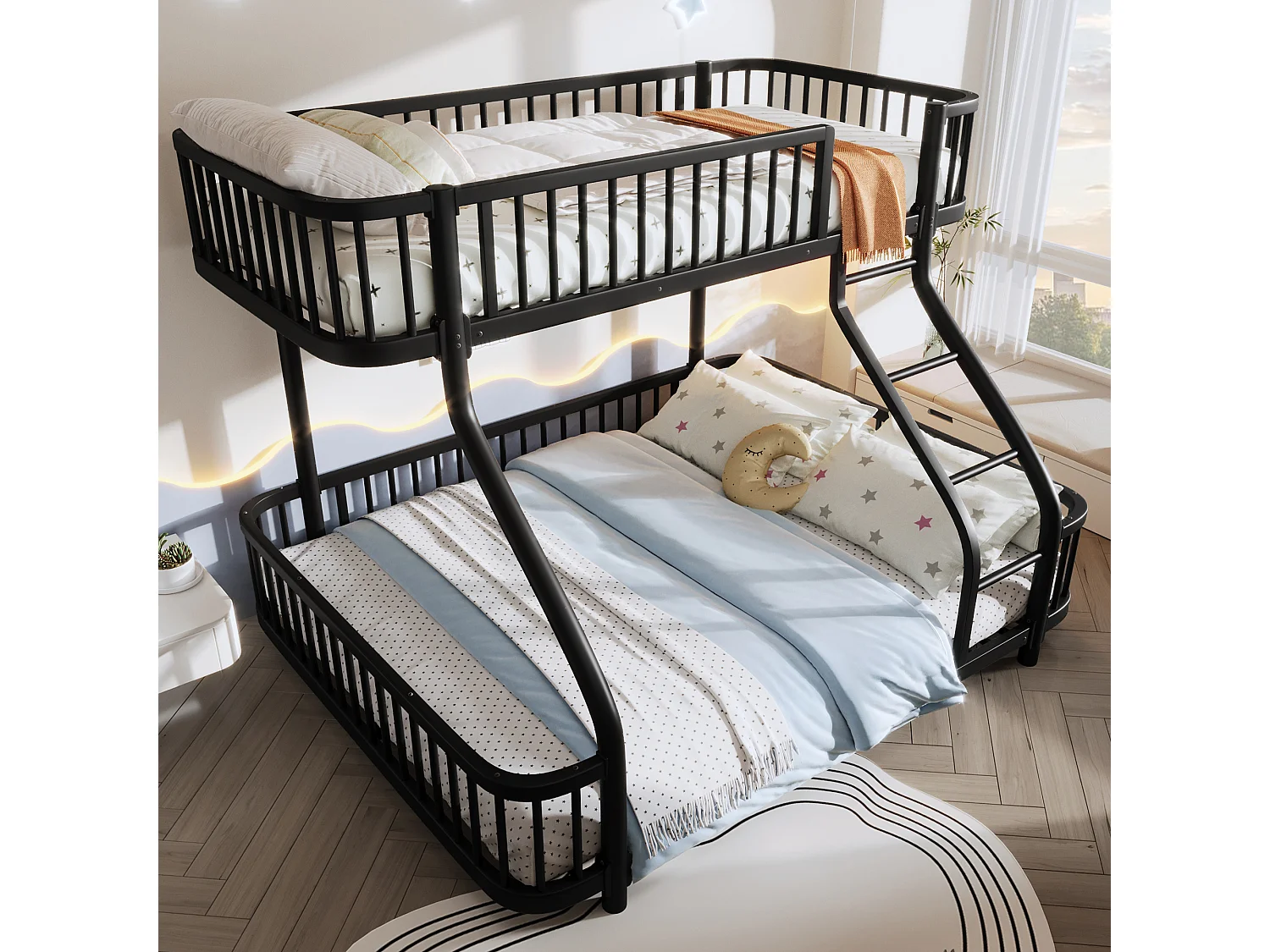 Łóżko piętrowe 90x200 cm + 140x200 cm - konstrukcja żelazna - z barierkami bezpieczeństwa - z drabiną - Czarny​ (materac nie jest wliczony w cenę)