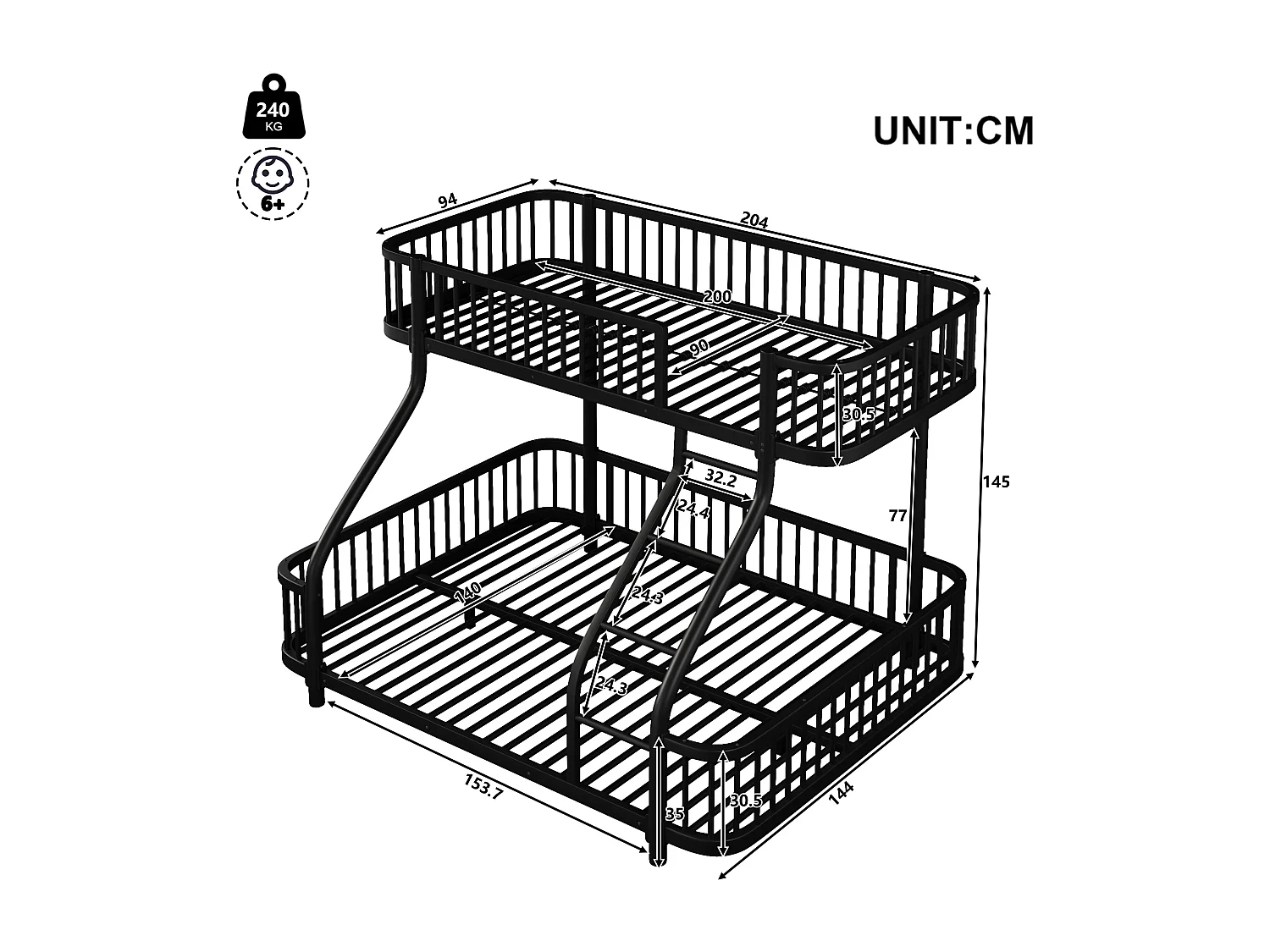 Łóżko piętrowe 90x200 cm + 140x200 cm - konstrukcja żelazna - z barierkami bezpieczeństwa - z drabiną - Czarny​ (materac nie jest wliczony w cenę)