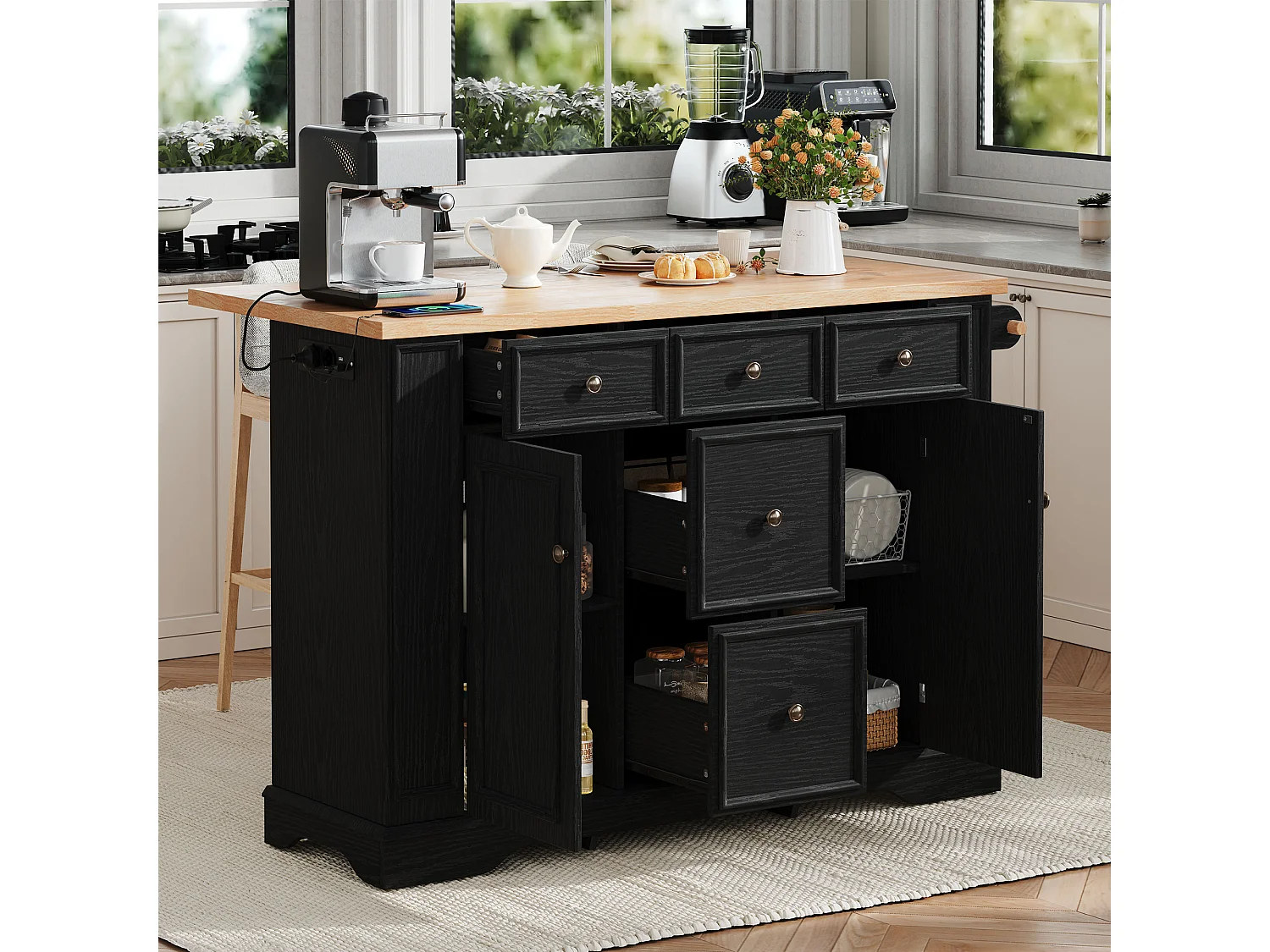 Isola cucina allungabile - 130 x 40-65 x 92 cm - con ripiani + 5 cassetti + 2 ante - MDF - nero