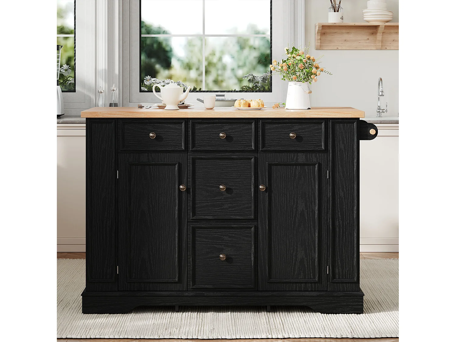Isola cucina allungabile - 130 x 40-65 x 92 cm - con ripiani + 5 cassetti + 2 ante - MDF - nero