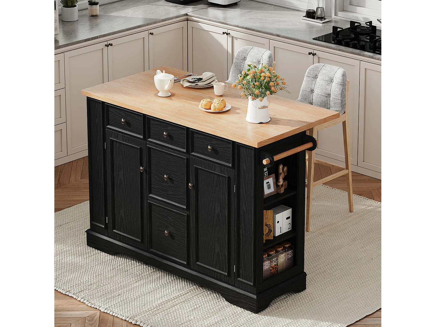 Isola cucina allungabile - 130 x 40-65 x 92 cm - con ripiani + 5 cassetti + 2 ante - MDF - nero