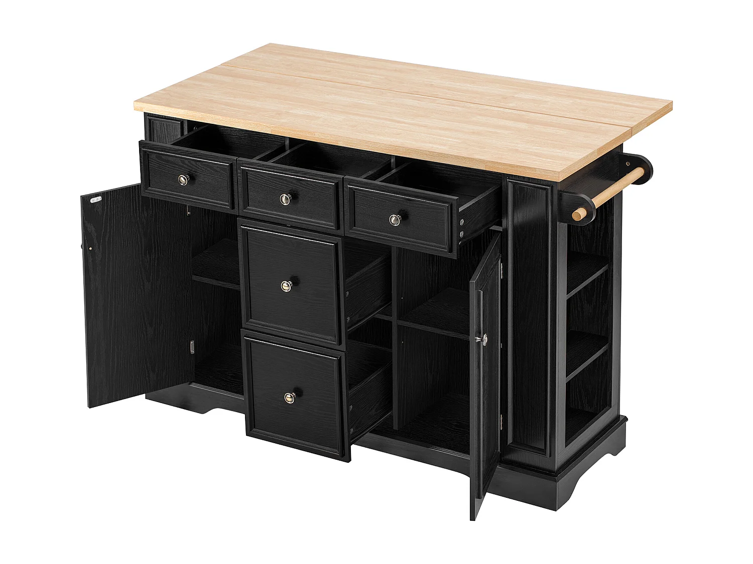 Isola cucina allungabile - 130 x 40-65 x 92 cm - con ripiani + 5 cassetti + 2 ante - MDF - nero