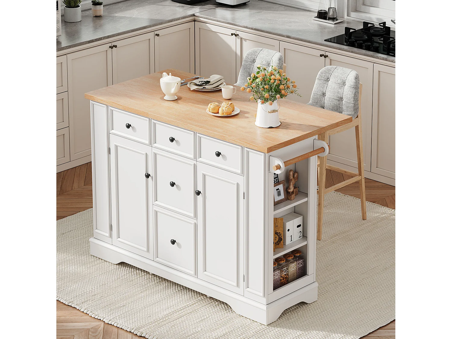 Isola cucina allungabile - 130 x 40-65 x 92 cm - con ripiani + 5 cassetti + 2 ante - MDF - bianca