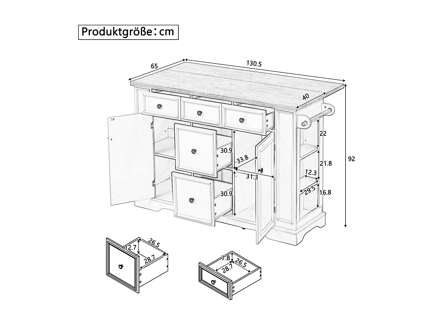 Isola cucina allungabile - 130 x 40-65 x 92 cm - con ripiani + 5 cassetti + 2 ante - MDF - bianca
