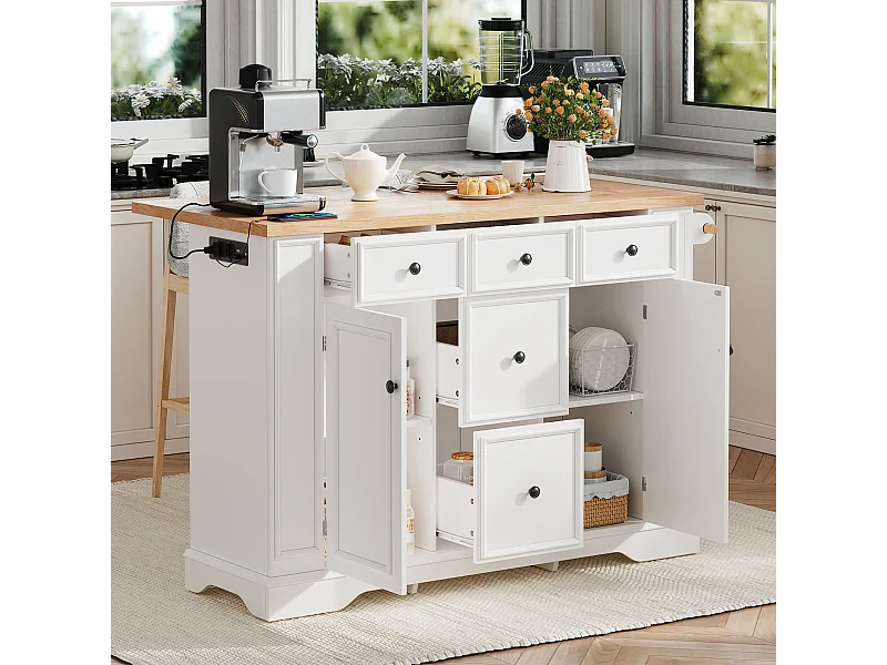 Isola cucina allungabile - 130 x 40-65 x 92 cm - con ripiani + 5 cassetti + 2 ante - MDF - bianca