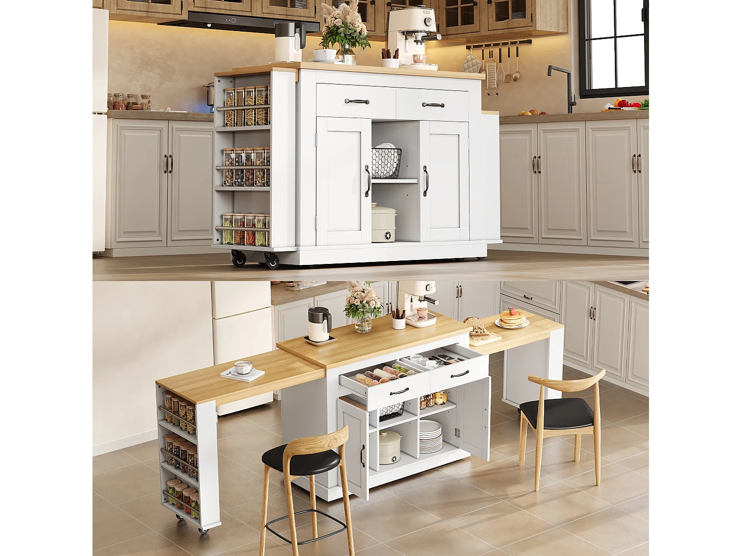 Isola centrale con piano di lavoro scorrevole - 142-340 x 55 x 93 cm - con prese e porte USB + cassetti + ante - MDF - bianco