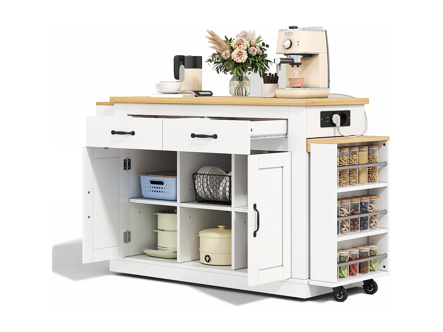 Isola centrale con piano di lavoro scorrevole - 142-340 x 55 x 93 cm - con prese e porte USB + cassetti + ante - MDF - bianco