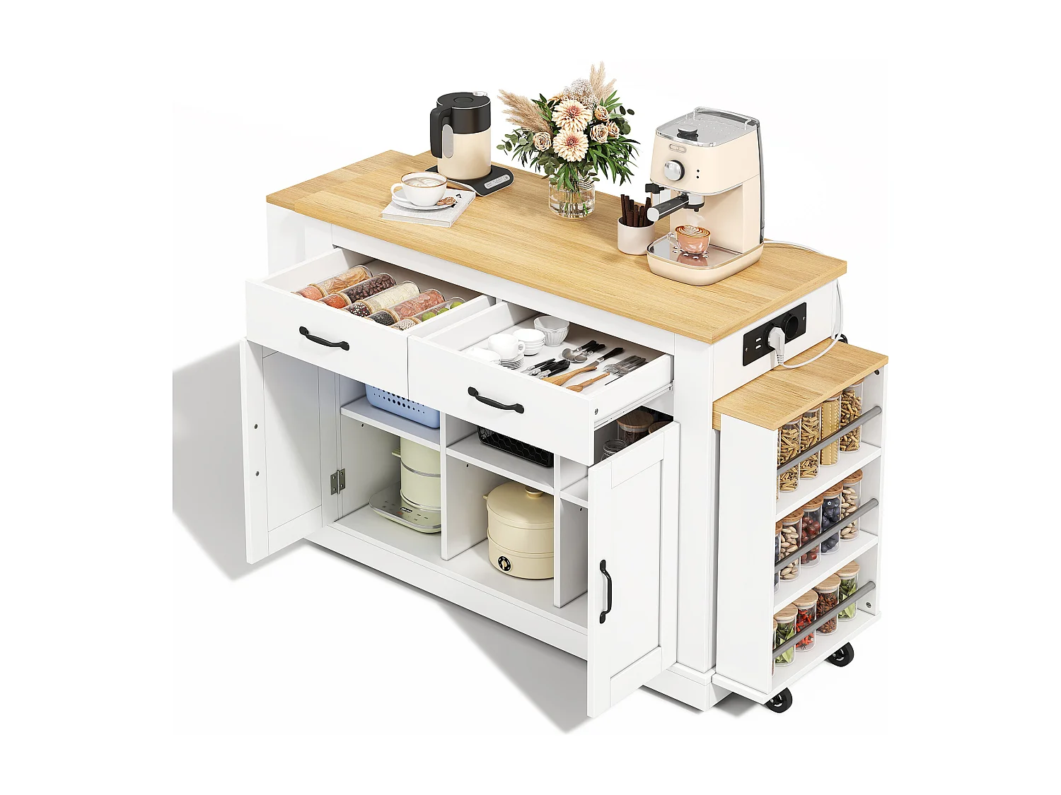 Isola centrale con piano di lavoro scorrevole - 142-340 x 55 x 93 cm - con prese e porte USB + cassetti + ante - MDF - bianco