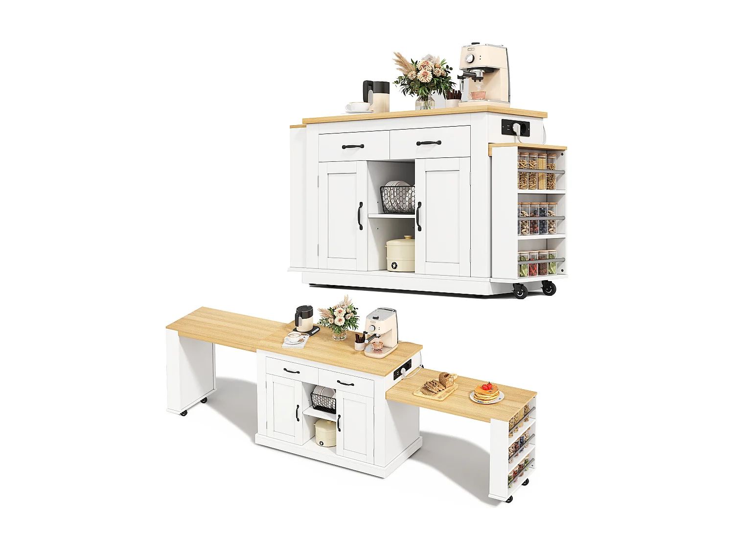 Isola centrale con piano di lavoro scorrevole - 142-340 x 55 x 93 cm - con prese e porte USB + cassetti + ante - MDF - bianco