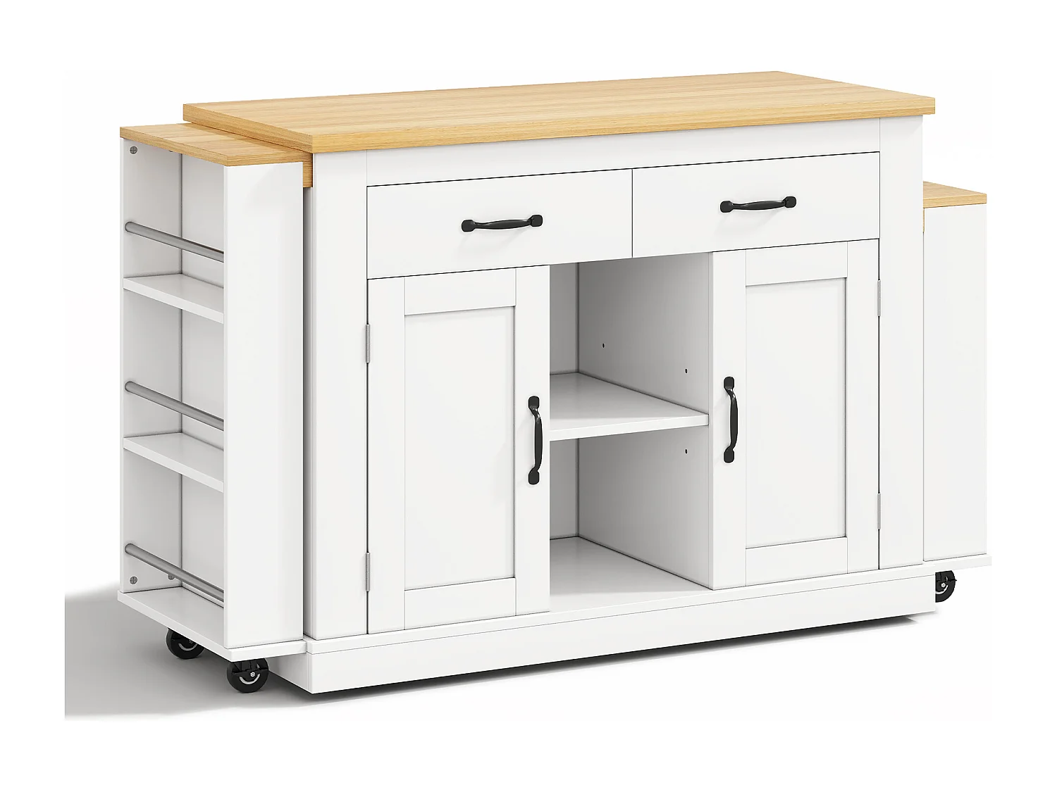 Isola centrale con piano di lavoro scorrevole - 142-340 x 55 x 93 cm - con prese e porte USB + cassetti + ante - MDF - bianco