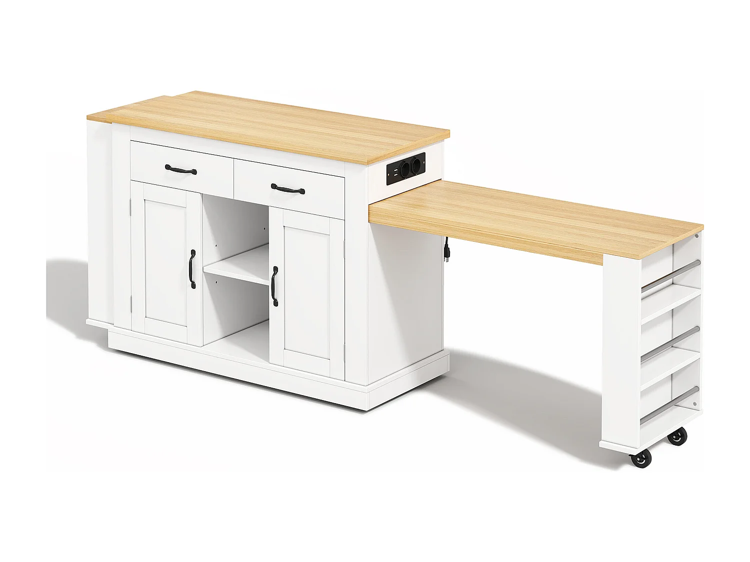 Isola centrale con piano di lavoro scorrevole - 142-340 x 55 x 93 cm - con prese e porte USB + cassetti + ante - MDF - bianco