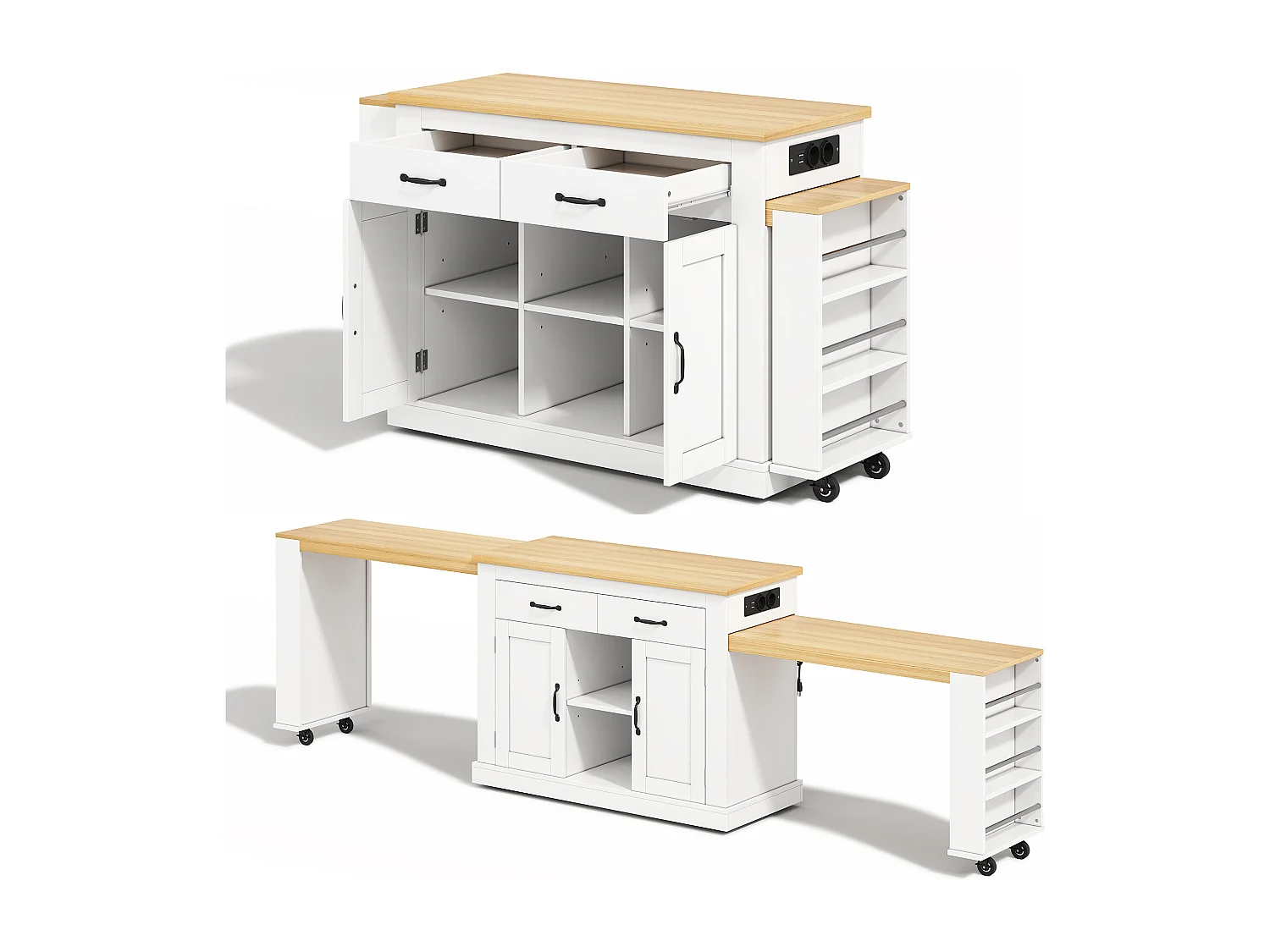 Isola centrale con piano di lavoro scorrevole - 142-340 x 55 x 93 cm - con prese e porte USB + cassetti + ante - MDF - bianco