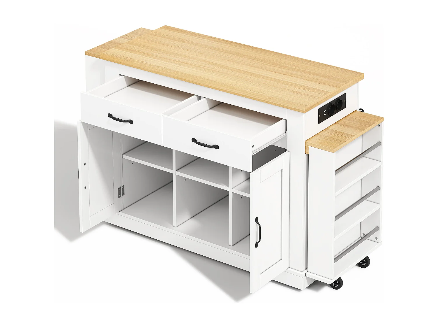 Isola centrale con piano di lavoro scorrevole - 142-340 x 55 x 93 cm - con prese e porte USB + cassetti + ante - MDF - bianco