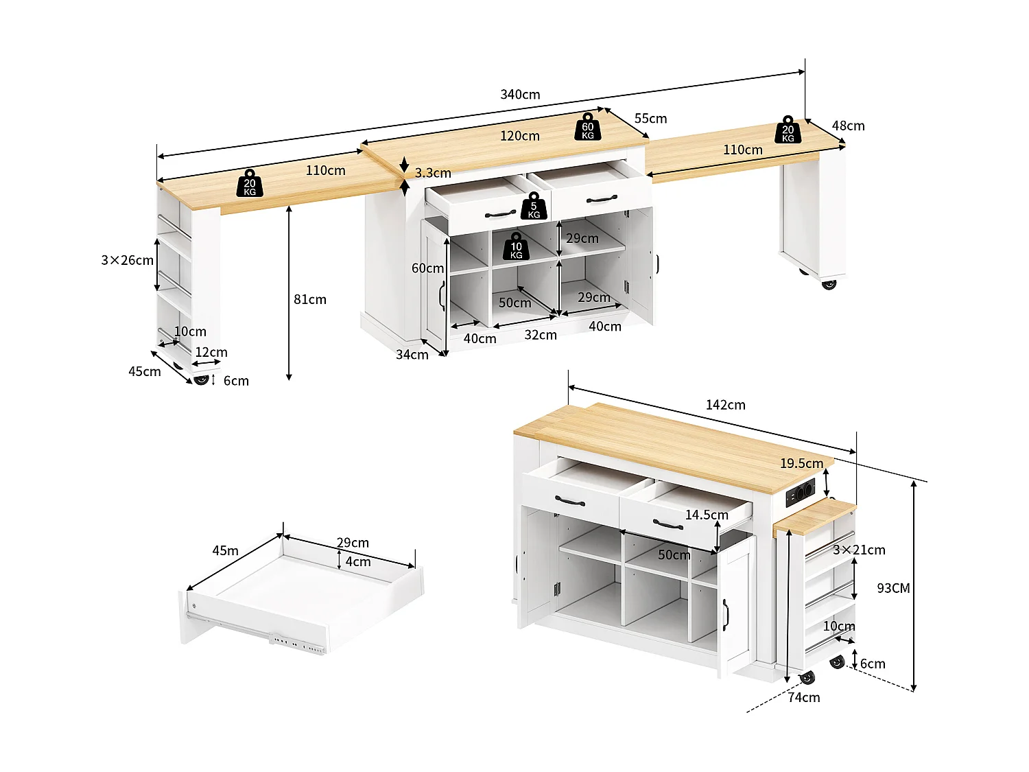 Isola centrale con piano di lavoro scorrevole - 142-340 x 55 x 93 cm - con prese e porte USB + cassetti + ante - MDF - bianco