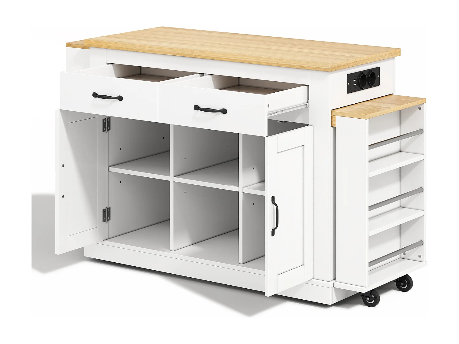 Isola centrale con piano di lavoro scorrevole - 142-340 x 55 x 93 cm - con prese e porte USB + cassetti + ante - MDF - bianco