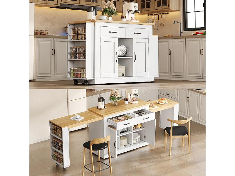 Isola centrale con piano di lavoro scorrevole - 142-340 x 55 x 93 cm - con prese e porte USB + cassetti + ante - MDF - bianco