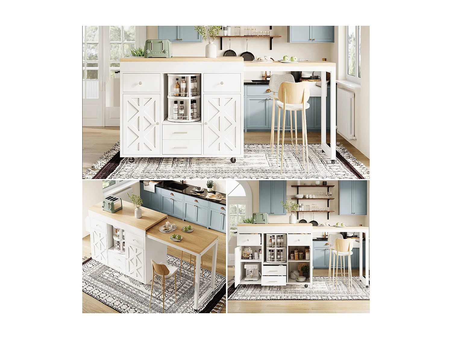 Tavolo bar allungabile moderno - 110/180 x 40 x 91 cm - organizer girevole a 360° - con ante e cassetti - MDF - bianco