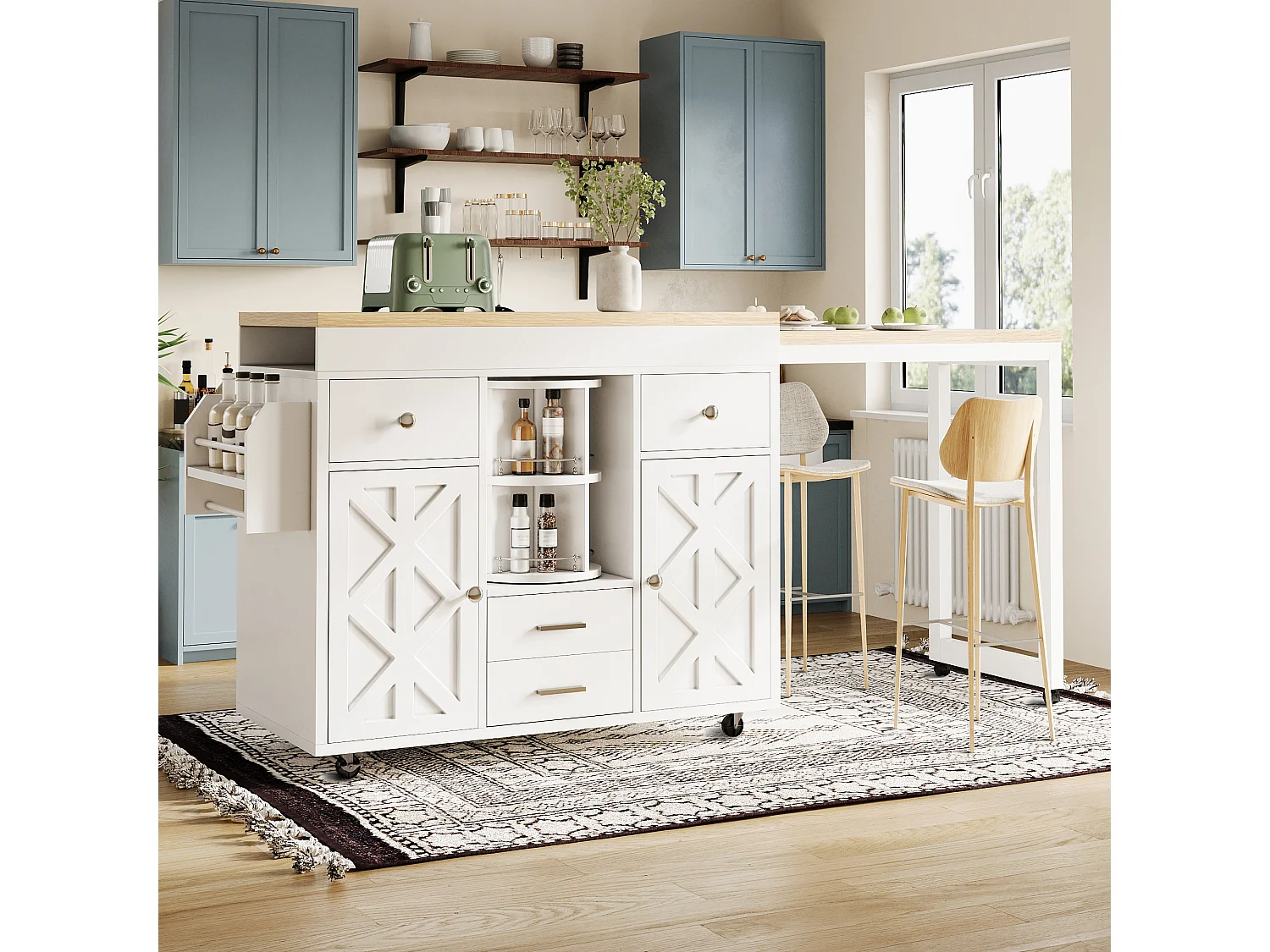 Tavolo bar allungabile moderno - 110/180 x 40 x 91 cm - organizer girevole a 360° - con ante e cassetti - MDF - bianco