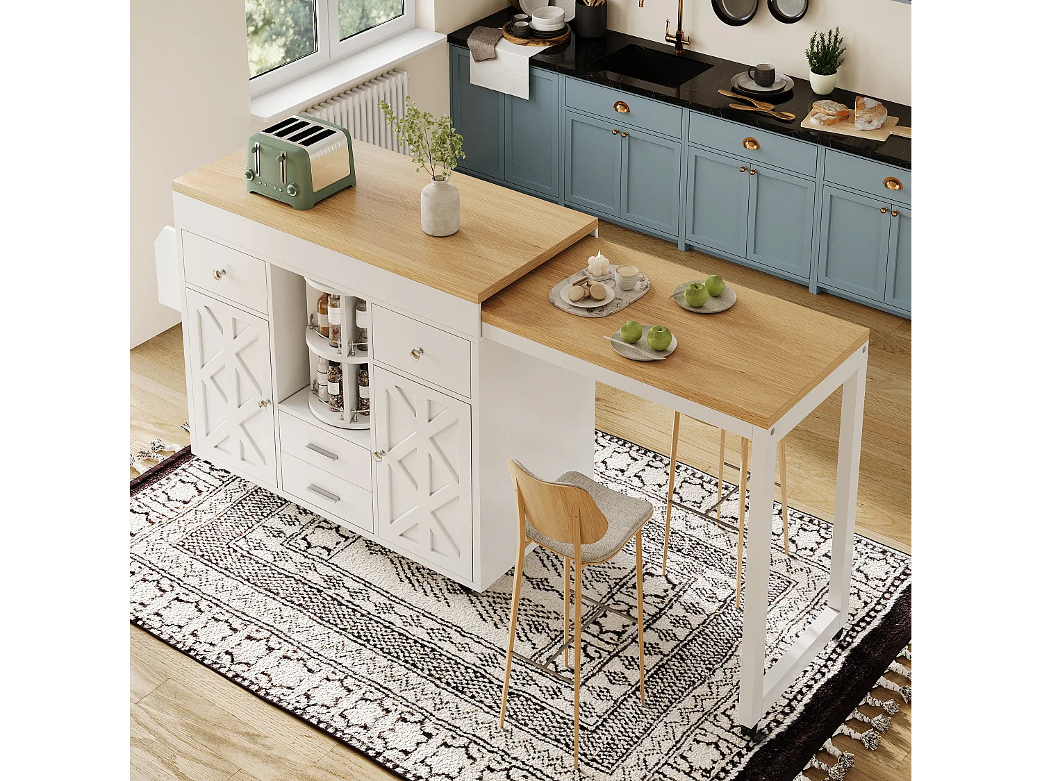 Tavolo bar allungabile moderno - 110/180 x 40 x 91 cm - organizer girevole a 360° - con ante e cassetti - MDF - bianco