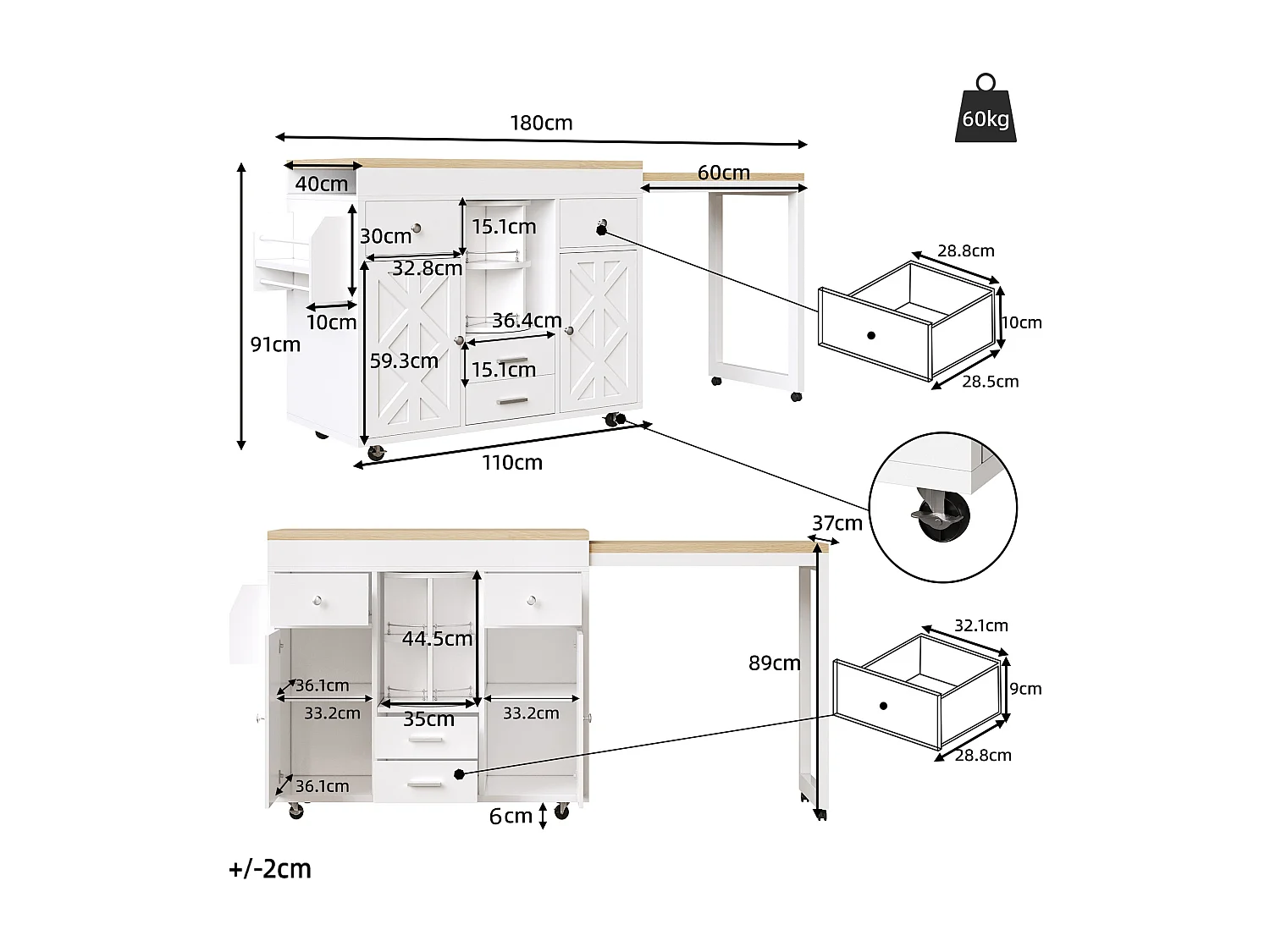 Tavolo bar allungabile moderno - 110/180 x 40 x 91 cm - organizer girevole a 360° - con ante e cassetti - MDF - bianco