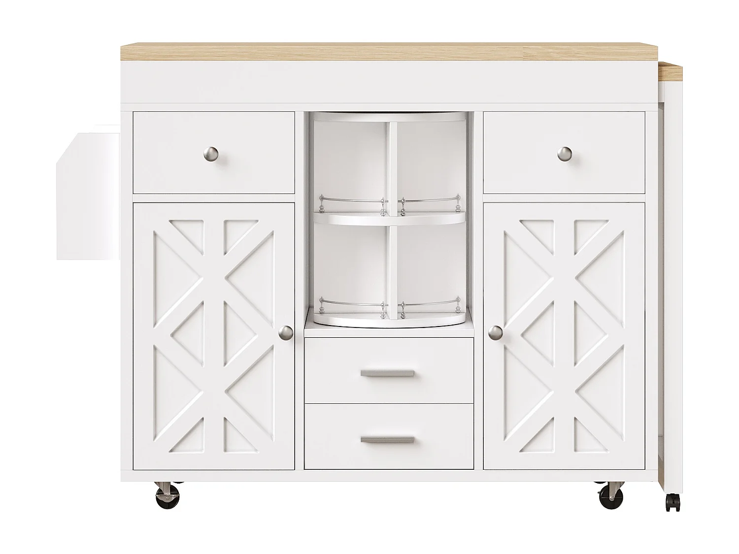 Tavolo bar allungabile moderno - 110/180 x 40 x 91 cm - organizer girevole a 360° - con ante e cassetti - MDF - bianco