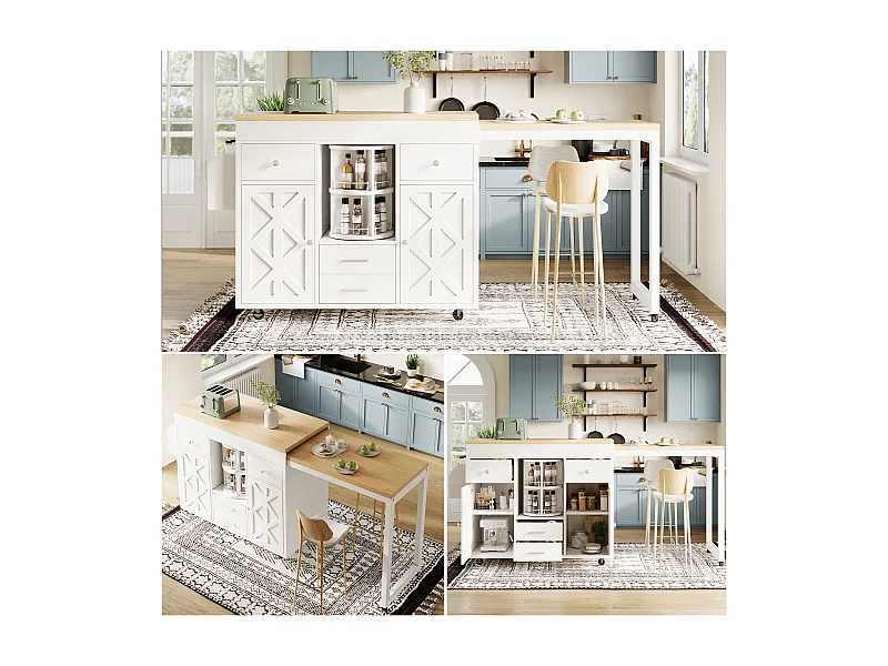 Tavolo bar allungabile moderno - 110/180 x 40 x 91 cm - organizer girevole a 360° - con ante e cassetti - MDF - bianco