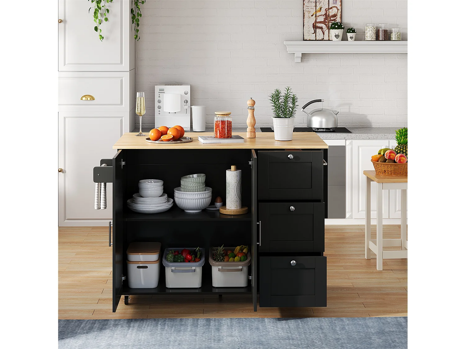 Isola cucina mobile con piano pieghevole - 135 x 44(70) x 90 cm - con 3 cassetti + 2 ante - MDF - nero