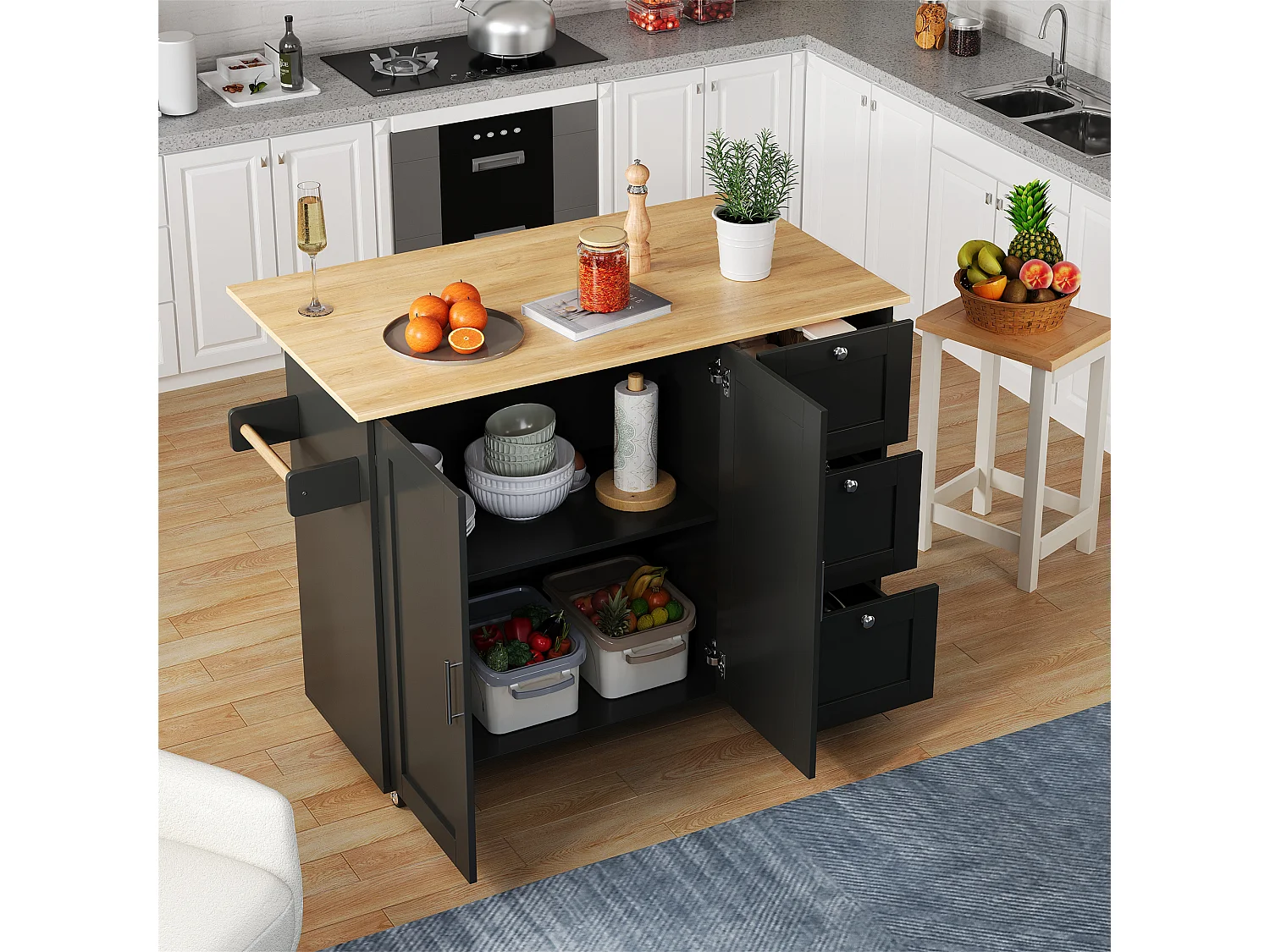 Isola cucina mobile con piano pieghevole - 135 x 44(70) x 90 cm - con 3 cassetti + 2 ante - MDF - nero