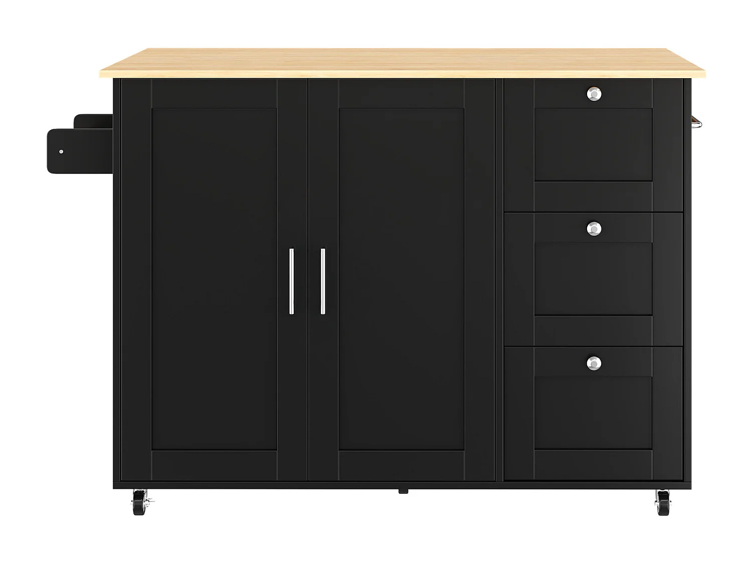 Isola cucina mobile con piano pieghevole - 135 x 44(70) x 90 cm - con 3 cassetti + 2 ante - MDF - nero