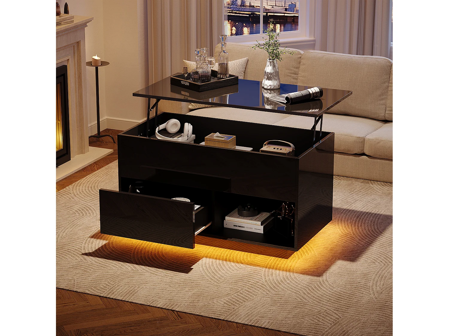 Hochglanzlackierter Couchtisch mit Hubfunktion – 100 x 50 x 55 cm – mit LEDs, Schublade und Ablage – Spanplatte – schwarz