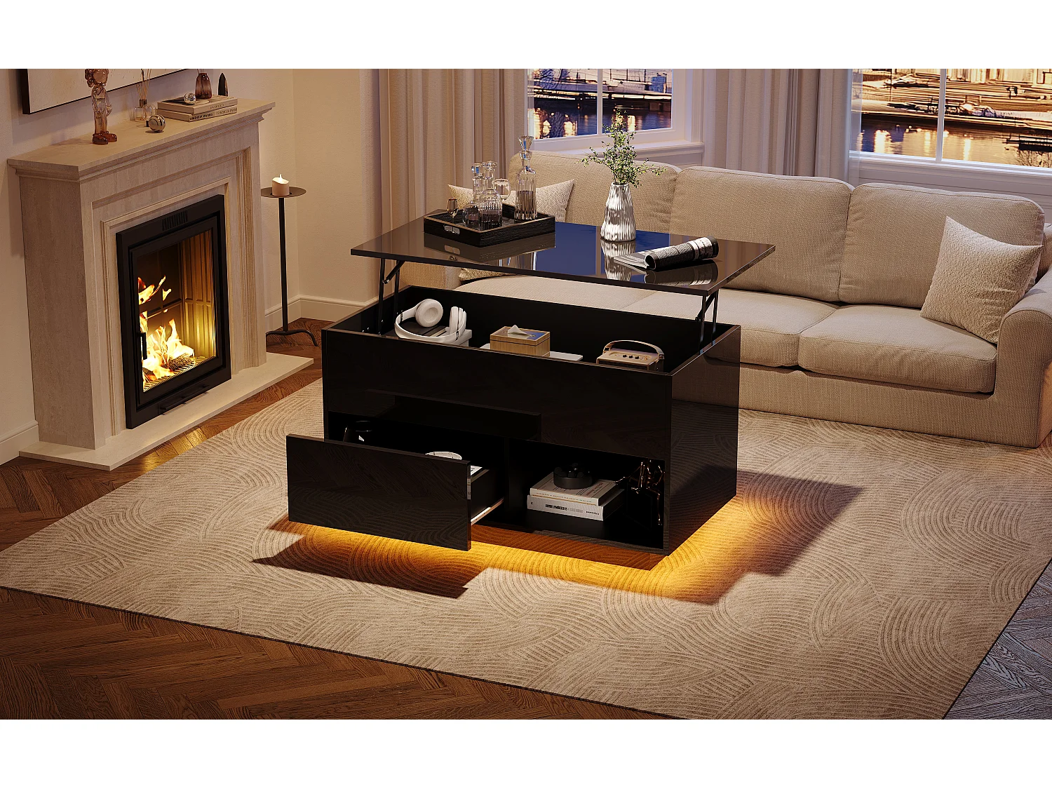 Hochglanzlackierter Couchtisch mit Hubfunktion – 100 x 50 x 55 cm – mit LEDs, Schublade und Ablage – Spanplatte – schwarz