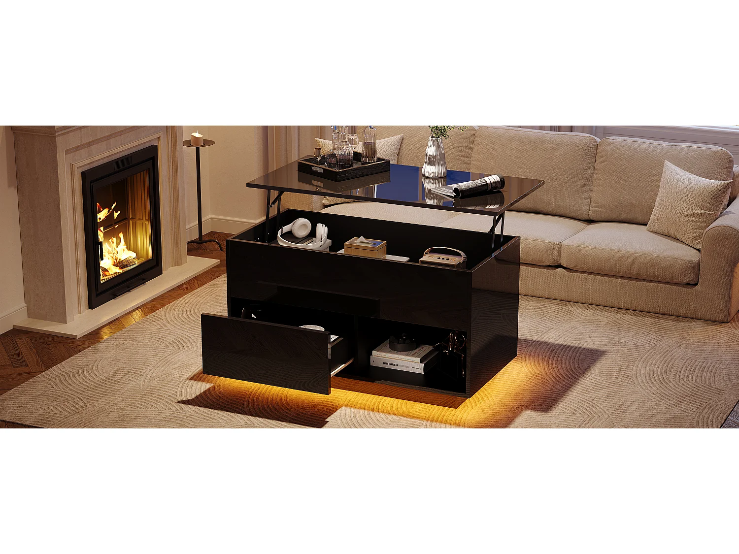 Hochglanzlackierter Couchtisch mit Hubfunktion – 100 x 50 x 55 cm – mit LEDs, Schublade und Ablage – Spanplatte – schwarz