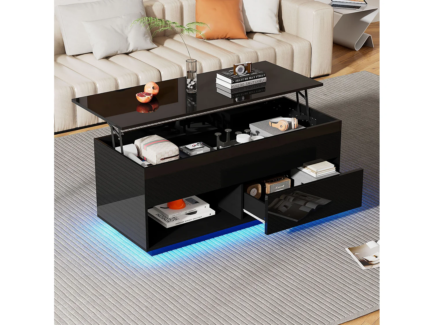 Hochglanzlackierter Couchtisch mit Hubfunktion – 100 x 50 x 55 cm – mit LEDs, Schublade und Ablage – Spanplatte – schwarz
