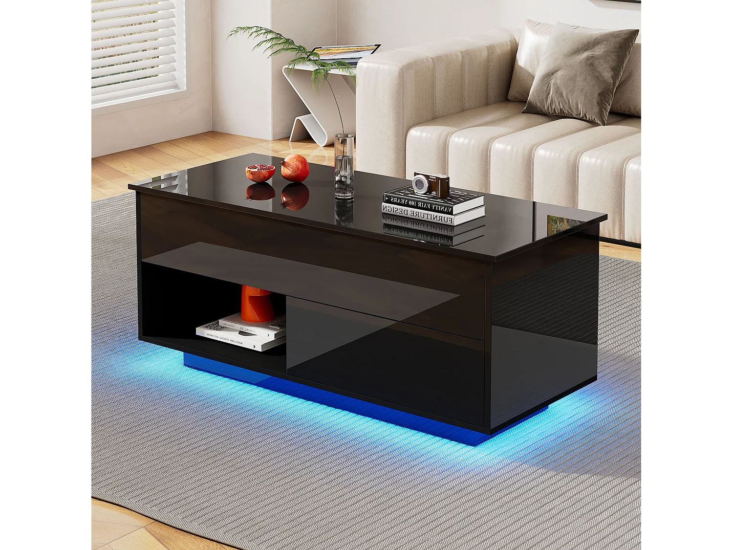 Hochglanzlackierter Couchtisch mit Hubfunktion – 100 x 50 x 55 cm – mit LEDs, Schublade und Ablage – Spanplatte – schwarz