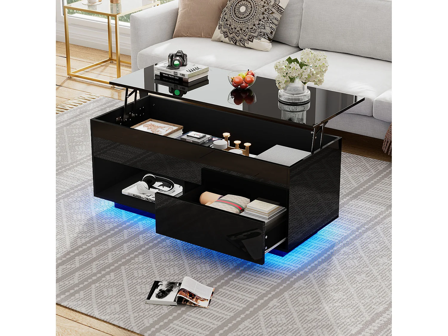 Hochglanzlackierter Couchtisch mit Hubfunktion – 100 x 50 x 55 cm – mit LEDs, Schublade und Ablage – Spanplatte – schwarz
