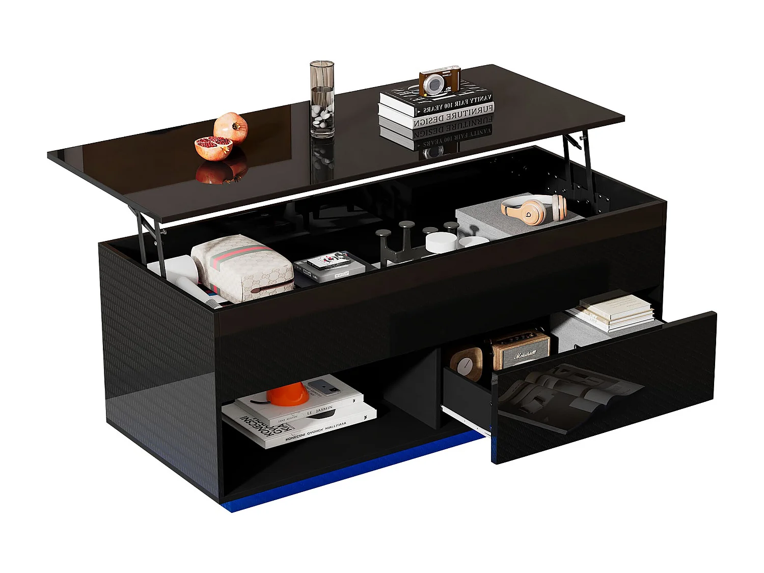 Hochglanzlackierter Couchtisch mit Hubfunktion – 100 x 50 x 55 cm – mit LEDs, Schublade und Ablage – Spanplatte – schwarz