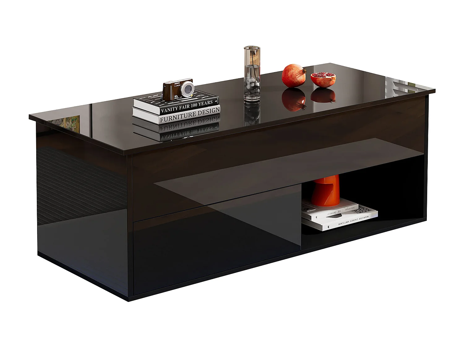 Hochglanzlackierter Couchtisch mit Hubfunktion – 100 x 50 x 55 cm – mit LEDs, Schublade und Ablage – Spanplatte – schwarz