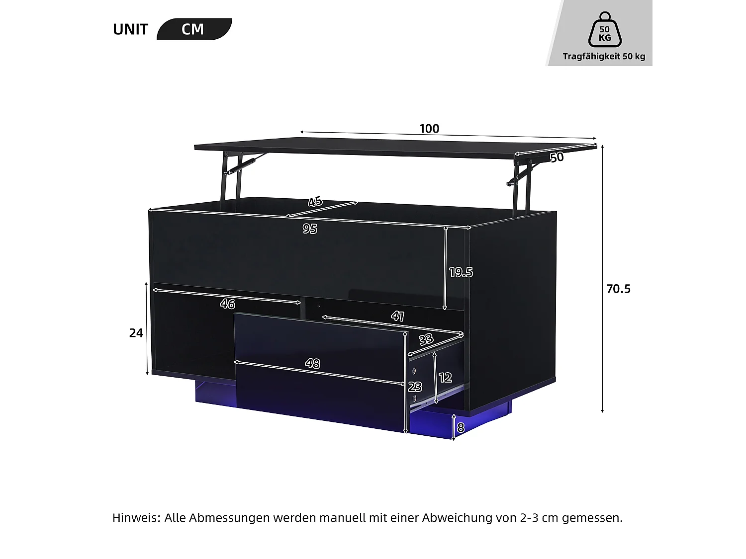 Hochglanzlackierter Couchtisch mit Hubfunktion – 100 x 50 x 55 cm – mit LEDs, Schublade und Ablage – Spanplatte – schwarz