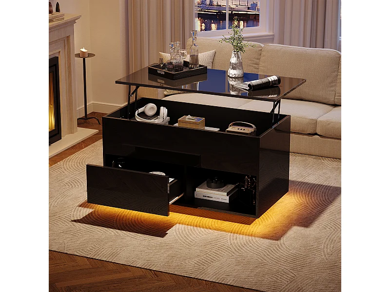 Hochglanzlackierter Couchtisch mit Hubfunktion – 100 x 50 x 55 cm – mit LEDs, Schublade und Ablage – Spanplatte – schwarz