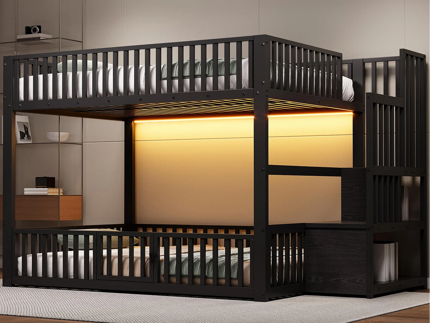 Łóżko piętrowe metalowe 140x200 cm - z drabiną z pojemnikami - barierka bezpieczeństwa - MDF - Czarny​ (Materac nie jest wliczony w cenę)