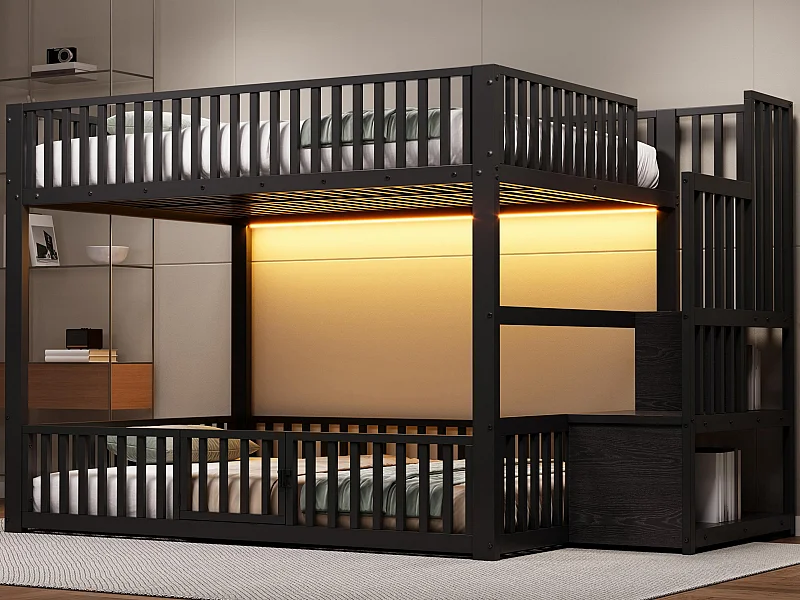 Łóżko piętrowe metalowe 140x200 cm - z drabiną z pojemnikami - barierka bezpieczeństwa - MDF - Czarny​ (Materac nie jest wliczony w cenę)