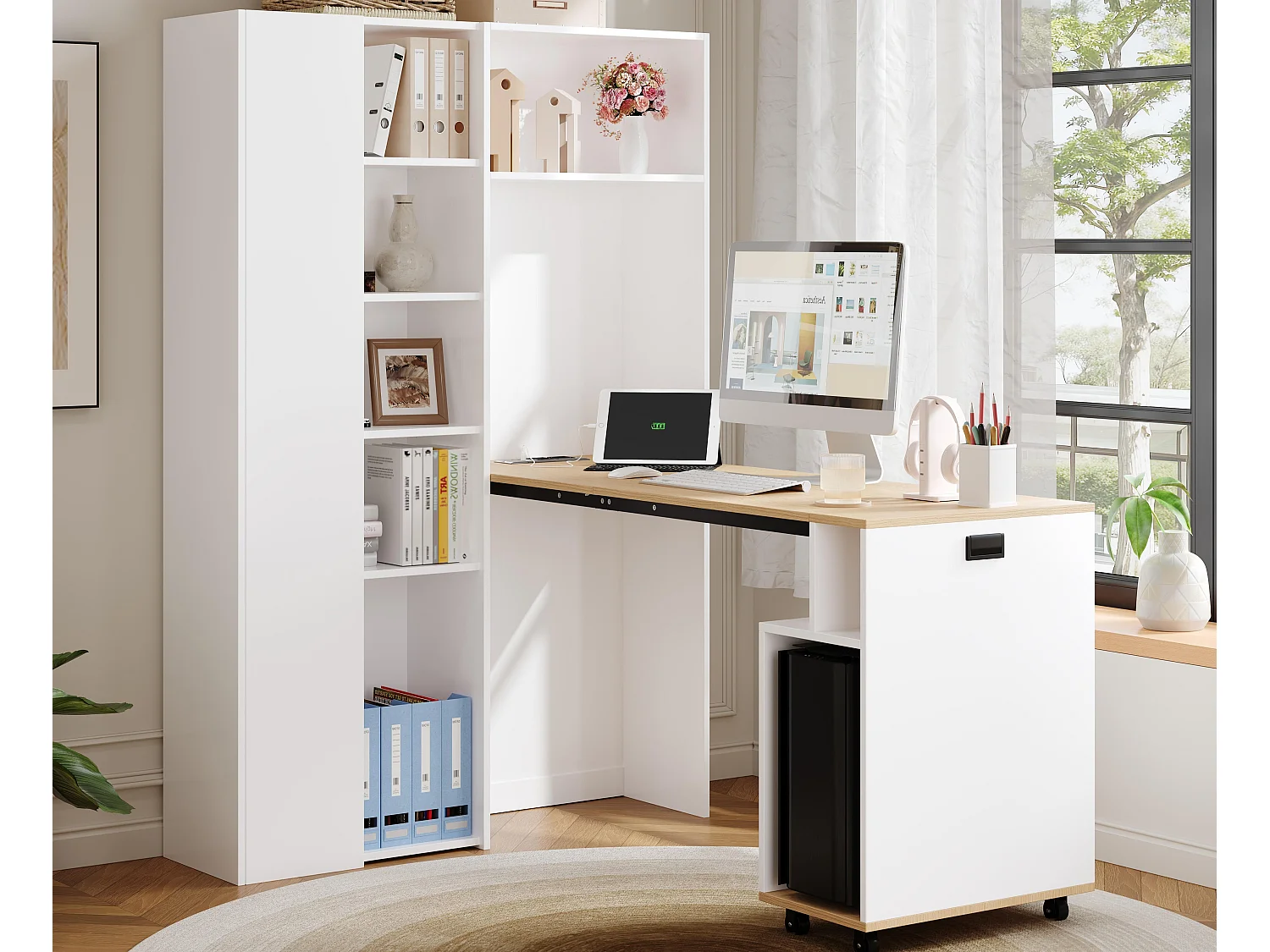 Bureau pliant avec étagères intégrées - Bibliothèque + bureau - Prise électrique et port USB - Étagères réglables - Blanc